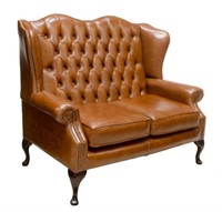 ENGLISH QUEEN ANNE STYLE WING BACK LEATHER SETTEE