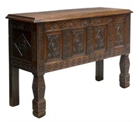 ENGLISH CARVED OAK COFFER ON STAND, 19TH C.