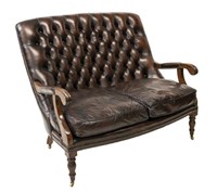 ENGLISH BROWN BUTTONED LEATHER & MAHOGANY SOFA