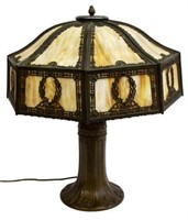 AMERICAN PATINATED BRONZE & SLAG GLASS TABLE LAMP