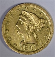 1847 D $5.00 GOLD LIBERTY  AU+
