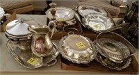 4 TRAY LOTS: SILVERPLATE CANDLESTICKS, DISHES,