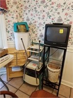 VINTAGE STEP STOOL, TV STAND, TV, TEAL CHAIR