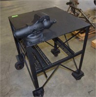 METAL WORK TABLE WITH VICE & ON CASTERS