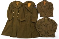 WWII US ARMY OVERCOAT AND IKE JACKET LOT OF 4