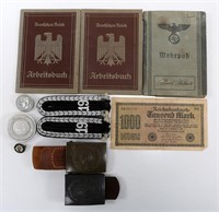 WWII GERMAN BUCKLE ID BOOK & EPAULETTES MIXED LOT