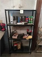 Metal shelving with contents, flashlights