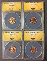 Lot of 4 1957-D Lincoln Wheat Cent  ANACS MS64 RD