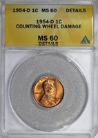 1954-D Lincoln Cent ANACS MS60 Details Wheel Mark