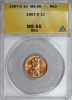 1957-D Lincoln Cent BU ANACS MS65 RD Red