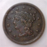 1854 Braided Hair Large Cent ICG AU53 Details