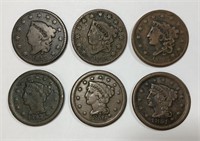 Lot of 6 Different Large Cents 1827-1851 G-VF