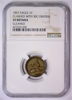 1857 Flying Eagle Cent Clashed w/50c Obv NGC VF