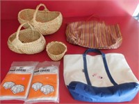 3  BASKETS, 2 TOTE BAGS, SEAT COVERS 6B2