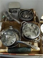 Two boxes scale, pots and pans