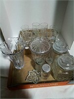 3 boxes glasses, canisters, vase  and