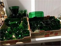 3 boxes green glassware