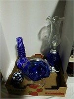 Blue art glass vase, basket, lamp and ornament