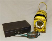 Primitive English Cash Box, Oil Can, and Lantern.