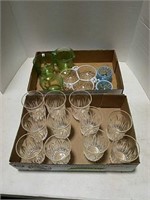 2 boxes depression glass pieces and drinking