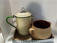 Enamelware coffee pot and red wing bean pot