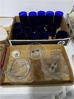 2 boxes blue glasses and cups and glass serving