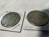 2 Morgan silver dollars 1890-0 and 1921-S