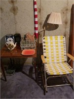 Table, radio, rocking chair,  lamp, racks, etc
