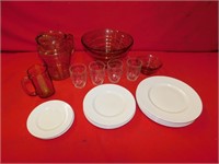 Grindly plates, glass tumblers, bowls etc