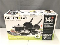 Greenlife 14 piece pan set (damaged/one top is