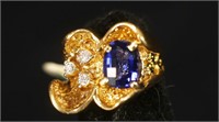 STAMPED "14KT" YELLOW GOLD SAPPHIRE & DIAMOND RING