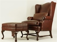 ETHAN ALLEN LEATHER WING CHAIR & OTTOMAN