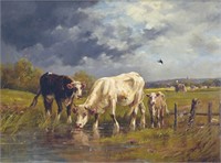 EUGENE FROMENTIN "COWS AT WATER IN A MEADOW" OIL