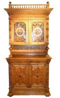 Antique European Oak sideboard stained glass doors