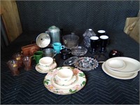 Mixed lot of dishes, Ash trays, antique camera,