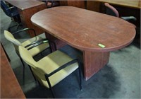 OVAL WOOD DESK WITH 2-TAN CHAIRS