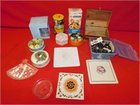 Donut maker, sewing supplies, tins and buttons