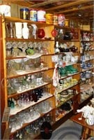 Wood shelving w/coffee & cookie tins, oil lamp chi