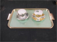 TEA CUPS & SAUCERS w/ENGLISH VINTAGE SERVING TRAY