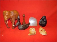 Wooden sculptures, elephant 11"H, dog etc