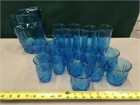 Vintage Blue Glass Cups, Glasses, & Pitcher