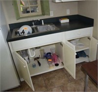 CONTENTS OF SHELVES ABOVE AND BELOW SINK AND
