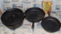 CAST IRON DUTCH OVEN & 2 SKILLETS WITH COOKBOOKS