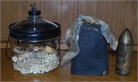 VINTAGE KEROSENE JAR, COW BELL, ARTILLERY BULLET