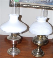 2 BRASS OIL LAMPS WITH MILK GLASS SHADES