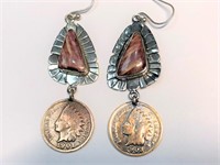 $200 Silver Jasper and US 1 Cent Coin Earrings (19