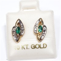 $500 10 KT Gold Emerald and 2 Diamond Earrings