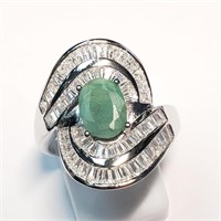 $300 Silver Emerald and CZ Ring (app 6.5g)