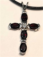 $200 Silver Garnet Cross Pendant Necklace (app 3g)