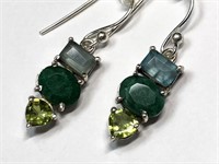 $200 Silver Peridot Emerald and Aqamarine Earrings
